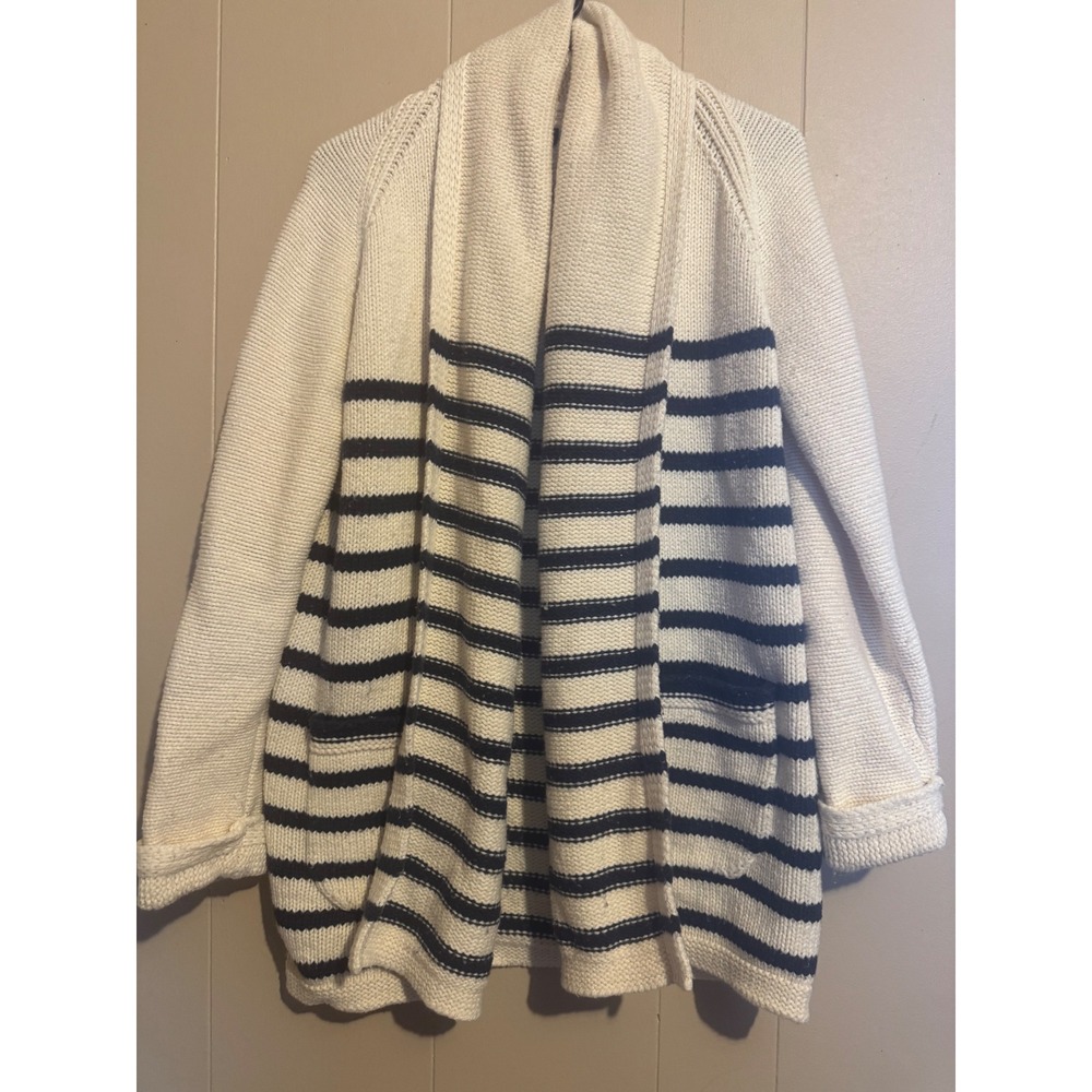 J. Crew W SML Stripe Shawl Collar Cardigan Sweater Cream Navy Cotton wool Blend - Picture 3 of 9